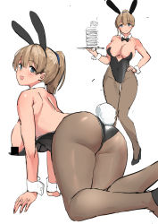 Rule 34 | 1girl, absurdres, all fours, alternate costume, animal ears, ass, black bow, black bowtie, black leotard, black pantyhose, blush, bow, bowtie, breasts, censored, closed mouth, covered navel, detached collar, fake animal ears, fake tail, flag, food, highres, holding, holding plate, intrepid (kancolle), kantai collection, large breasts, leotard, light brown hair, looking at viewer, multiple views, osananajimi neko, pantyhose, parted lips, plate, playboy bunny, ponytail, simple background, sketch, tail, traditional bowtie, white background, wrist cuffs