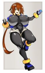Rule 34 | 1girl, aile (mega man zx), black bodysuit, bodysuit, breasts, brown hair, cameltoe, cleft of venus, dutch angle, female focus, full body, green eyes, grey background, highres, holding, impossible clothes, large breasts, long hair, mega man (series), mega man zx, navel, open mouth, sachito, skin tight, solo, standing, thick thighs, thighs, very long hair