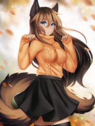 Rule 34 | 1girl, animal ears, autumn, autumn leaves, black skirt, blue eyes, blurry, blurry background, breasts, brown hair, dot nose, gigamessy, hair between eyes, long hair, long sleeves, looking at viewer, original, paw pose, sidelocks, simple background, skirt, sleeves past wrists, smile, solo, standing, sweater, tail, thighhighs, turtleneck, turtleneck sweater, twisted torso, wind, zettai ryouiki