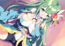 Rule 34 | 1girl, bike shorts, breasts, bridal gauntlets, character request, commentary request, dutch angle, flower, fujishima-sei ichi-gou, gloves, green eyes, green gloves, green hair, hair flower, hair ornament, hand on own chest, highres, indie virtual youtuber, large breasts, long hair, looking at viewer, o-ring, o-ring top, open mouth, single bridal gauntlet, sitting, solo, spread legs, virtual youtuber