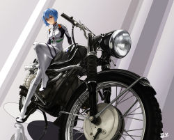 Rule 34 | 1girl, ayanami rei, blue hair, bmw, bodysuit, expressionless, gyicarus, hair ornament, looking at viewer, md5 mismatch, motor vehicle, motorcycle, neon genesis evangelion, plugsuit, red eyes, revision, short hair, sitting, solo, vehicle