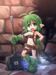 Rule 34 | 1girl, antenna hair, belt, belt skirt, blush, fang, female focus, flat chest, gloves, green eyes, green hair, hammer, hand on own hip, highres, kso, matching hair/eyes, midriff, open mouth, original, pointy ears, pouch, short hair, smile, solo, strapless, sword, thigh pouch, tube top, weapon