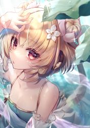 Rule 34 | 1girl, andira (granblue fantasy), animal ears, arm up, bare shoulders, blonde hair, blue one-piece swimsuit, casual one-piece swimsuit, commentary request, double bun, flower, glint, granblue fantasy, hair between eyes, hair bun, hair flower, hair ornament, highres, kogome (azalea4), looking at viewer, monkey ears, monkey girl, monkey tail, one-piece swimsuit, red eyes, revision, see-through, solo, swimsuit, tail, twitter username, upper body, water drop, white flower