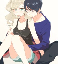 Rule 34 | 1boy, 1girl, behind another, black pants, blue eyes, blue hair, breasts, cheeseko, cleavage, clothes around waist, couple, grabbing, grabbing from behind, hug, hug from behind, jacket, jacket around waist, kitagawa yuusuke, light blush, long sleeves, medium breasts, pants, persona, persona 5, shorts, simple background, sleeveless, sweat, takamaki anne, white background