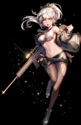 Rule 34 | 1girl, belt, bikini, bikini top only, black background, full body, girls&#039; frontline, grey eyes, gun, highres, jacket, kyjsogom, long hair, looking at viewer, midriff, miniskirt, navel, open mouth, pantyhose, ponytail, psg-1 (girls&#039; frontline), rifle, shoes, skirt, solo, standing, standing on one leg, swimsuit, torn clothes, torn pantyhose, weapon, white hair