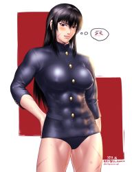 Rule 34 | 1girl, abs, akitsu maru (kancolle) (cosplay), akitsu maru (kancolle), black hair, blush, breasts, brown eyes, buttons, commentary request, cosplay, covered erect nipples, facing viewer, hand on own hip, highres, kantai collection, large breasts, looking at viewer, m.u.g.e.n, meme attire, muscular, muscular female, one-piece swimsuit, original, scar, sendai hakurei no miko, solo, swimsuit, taikyokuturugi, touhou