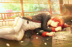 Rule 34 | 1boy, architecture, black jacket, calligraphy brush, checkered clothes, cushion, east asian architecture, closed eyes, feet out of frame, fingernails, floral print, flower, flower knot, game cg, garden, highres, indoors, ittoki otoya, jacket, lens flare, light particles, lying, official art, on floor, on side, paintbrush, pants, parted lips, peony (flower), petals, railing, red hair, reflective floor, scroll, shirt, short hair, sleeping, third-party source, uta no prince-sama, uta no prince-sama: shining live, vase, white pants, white shirt, wooden floor