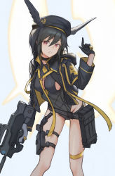 Rule 34 | 1girl, assault rifle, belt, beret, black gloves, black hair, black hat, black jacket, black leotard, breasts, bullpup, cleavage, fate/grand order, fate (series), gloves, gun, hat, head wings, highleg, highleg leotard, highres, holster, hood, hooded jacket, jacket, large breasts, leotard, long sleeves, looking at viewer, open clothes, open jacket, open mouth, ortlinde (fate), ortlinde (swimsuit assassin) (fate), p90, personal defense weapon, red eyes, rifle, short hair, solo, submachine gun, suppressor, thigh strap, thighs, valkyrie (fate), weapon, wings, yasu (segawahiroyasu)