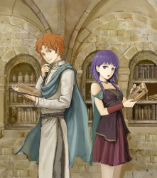 Rule 34 | 1boy, 1girl, artur (fire emblem), back-to-back, bare shoulders, blue cape, book, bottle, braid, brick wall, cape, couple, fire emblem, fire emblem: the sacred stones, hetero, highres, library, looking at viewer, lute (fire emblem), nintendo, open mouth, orange eyes, orange hair, purple eyes, purple hair, red skirt, robe, samohichi, skirt, smile, twintails, white robe