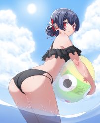Rule 34 | 1girl, absurdres, bikini, black bikini, black hair, blush, closed mouth, commentary request, crossover, feet out of frame, flower, hair flower, hair ornament, highres, holding, idolmaster, idolmaster shiny colors, keroro, keroro gunsou, looking at viewer, looking to the side, morino rinze, ocean, off-shoulder bikini, off shoulder, p giraffa, partially submerged, red eyes, short hair, smile, solo, standing, swimsuit, water drop