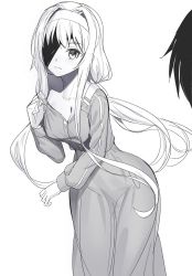 Rule 34 | 1girl, alice zuberg, blush, breasts, cleavage, closed mouth, collarbone, collared dress, dress, eyepatch, greyscale, hair intakes, hairband, long hair, long sleeves, looking at viewer, medium breasts, monochrome, nose blush, off shoulder, ririko (zhuoyandesailaer), simple background, solo focus, sword art online, sword art online: alicization, v-shaped eyebrows, very long hair, wavy mouth, white background