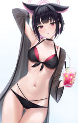 Rule 34 | 1girl, absurdres, animal ears, bendy straw, bikini, black bikini, black hair, blue archive, breasts, cowboy shot, drink, drinking straw, front-tie bikini top, front-tie top, gluteal fold, halo, highres, kazusa (blue archive), looking at viewer, medium breasts, navel, pink eyes, rama (yu-light8), shawl, solo, straw, swimsuit, thighs, white background