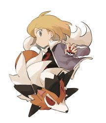 Rule 34 | 1boy, black shirt, blonde hair, closed mouth, commentary request, creatures (company), game freak, gen 7 pokemon, grey eyes, grey jacket, highres, holding, holding poke ball, jacket, jiugong chi, logo, long sleeves, looking at viewer, lycanroc, lycanroc (dusk), male focus, nintendo, open clothes, open jacket, paulo (pokemon), poke ball, poke ball (basic), pokemon, pokemon (creature), pokemon masters ex, shirt, short hair, team rocket, upper body