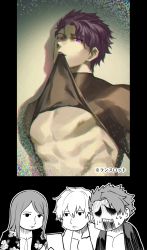 Rule 34 | 3boys, clothes in mouth, comic, fate/extra, fate/grand order, fate (series), gawain (fate), highres, hirunagi, holding, holding clothes, lancelot (fate/grand order), monochrome, mouth hold, multiple boys, purple eyes, purple hair, short hair, silent comic, tristan (fate)