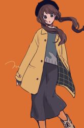 Rule 34 | 1girl, beret, blush, coat, grey eyes, hat, highres, long hair, long skirt, long sleeves, looking at viewer, low twintails, maco22, open mouth, orange background, original, skirt, solo, twintails, two-sided fabric