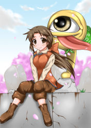 Rule 34 | 1990s (style), 1girl, bad id, bad pixiv id, boots, breasts squeezed together, breasts, brown eyes, brown hair, cherry blossoms, dou-t, furoshiki, holly (monster farm), large breasts, long hair, monster farm, outdoors, ponytail, retro artstyle, sack, smile, suezo, tongue