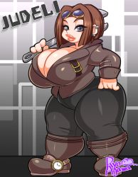 Rule 34 | 1girl, agawa ryou, artist name, black eyes, blue eyes, boots, breasts, brown hair, cleavage, earrings, female focus, goggles, huge breasts, jewelry, lips, pants, piercing, shirt, short hair, solo, standing, thick thighs, thighs, wide hips, wrench