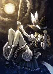 Rule 34 | 1girl, apron, bad id, bad pixiv id, blonde hair, bow, braid, broom, buttons, female focus, flying, full body, full moon, gradient background, hair bow, hair over one eye, hand on headwear, hat, kirisame marisa, mary janes, moon, night, night sky, outdoors, parsley-f, shoes, short hair, side braid, skirt, sky, socks, solo, touhou, witch, witch hat, yellow eyes