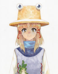 Rule 34 | 1girl, animal print, blonde hair, blue vest, brown hat, commentary request, frog print, hair ribbon, hat, high collar, highres, long sleeves, looking at viewer, moriya suwako, red ribbon, ribbon, shiratama (hockey), shirt, short hair, simple background, solo, touhou, upper body, vest, white background, white shirt, yellow eyes