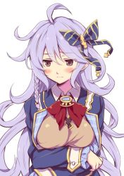 Rule 34 | 10s, 1girl, ahoge, alternate costume, arms at sides, blush, braid, breast hold, breasts, butterfly hair ornament, cosplay, embarrassed, granblue fantasy, hair ornament, long hair, look-alike, looking to the side, odawara hakone, silva (granblue fantasy), silver hair, single braid, solo, the order grande (cosplay), upper body, very long hair, yellow eyes, zooey (granblue fantasy)