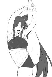Rule 34 | 1girl, :d, armpits, bare arms, bare legs, bare shoulders, barefoot, bikini, blush, breasts, cameltoe, commentary request, criss-cross halter, fate/grand order, fate (series), greyscale, halterneck, leg up, long hair, looking at viewer, medium breasts, monochrome, navel, obmas, open mouth, parted bangs, side ponytail, simple background, smile, solo, standing, standing on one leg, stretching, sweat, nervous sweating, swimsuit, toned, ushiwakamaru (fate), ushiwakamaru (fate/grand order), ushiwakamaru (swimsuit assassin) (fate), ushiwakamaru (swimsuit assassin) (first ascension) (fate), very long hair, white background
