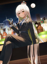 Rule 34 | 1girl, absurdly long hair, absurdres, arm support, black gloves, black jacket, black pants, blouse, blue necktie, blush, brown vest, closed mouth, collared shirt, colored inner hair, crossed legs, crown, cup, drinking glass, dutch angle, fingerless gloves, formal, full moon, gloves, green eyes, green hair, hair between eyes, highres, holding, holding cup, indoors, jacket, long hair, long sleeves, mini crown, moon, multicolored hair, nannung, necktie, night, night sky, original, pant suit, pants, shirt, silver hair, sitting, sky, solo, suit, two-tone hair, very long hair, vest, white shirt, wing collar