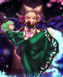 Rule 34 | 2girls, anklet, aura, black skirt, breasts, brown hair, cape, carrying, couple, dress, earmuffs, ghost tail, gradient background, green dress, green eyes, green hair, hand on own stomach, hat, highres, jewelry, juliet sleeves, large breasts, long sleeves, looking at another, multiple girls, parted lips, princess carry, puffy sleeves, sekiyu (spartan), short hair, skirt, sleeveless, smile, soga no tojiko, sparkle, tate eboshi, thick thighs, thighs, touhou, toyosatomimi no miko, yellow eyes, yuri