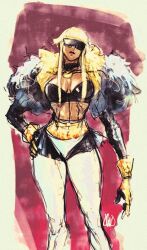 Rule 34 | 1girl, blonde hair, breasts, cleavage, david liu, feather boa, gloves, hand on own hip, highres, large breasts, leggings, manon legrand, official alternate costume, sidelocks, solo, street fighter, street fighter 6, sunglasses, tan, white leggings