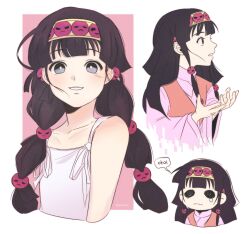 Rule 34 | 1girl, alluka zoldyck, alternate costume, alternate hairstyle, bare shoulders, black hair, collarbone, dress, dyskdance, grey eyes, hairband, highres, hunter x hunter, japanese clothes, long hair, long sleeves, looking at viewer, multi-tied hair, profile, simple background, sleeveless, smile, smiley face, solo, speech bubble, upper body, white background