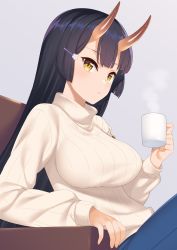 Rule 34 | 1girl, :o, black hair, breasts, brown eyes, chair, coffee mug, commentary request, cup, denim, grey background, hair ornament, hairclip, highres, holding, holding cup, horns, large breasts, long hair, long sleeves, looking at viewer, mug, oni horns, origamine ouka, original, pants, parted lips, ribbed sweater, simple background, sitting, solo, steam, sweater, takunomi, turtleneck, turtleneck sweater, white sweater