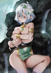 Rule 34 | 1girl, absurdres, aged up, alternate breast size, armlet, bad id, bad pixiv id, bangle, bare shoulders, bracelet, breasts, covering breasts, covering privates, detached collar, dress, elf, flower, green dress, hair between eyes, hair flower, hair ornament, highres, huge breasts, jewelry, kokkoro (princess connect!), nicholas f, parted lips, pelvic curtain, pink eyes, pointy ears, princess connect!, rock, short hair, silver hair, sitting, tabard, thighs, water