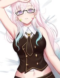 Rule 34 | 1girl, absurdres, airani iofifteen, airani iofifteen (3rd costume), airani iofifteen (military casual), armpits, breasts, collarbone, dobure18, earrings, glasses, highres, hololive, hololive indonesia, jewelry, long hair, lying, medium breasts, midriff, navel, necktie, on back, paint splatter, paint splatter on face, parted lips, pink hair, purple eyes, solo, virtual youtuber