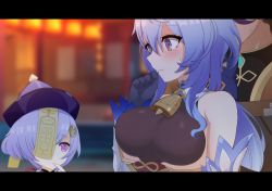 Rule 34 | 1boy, 2girls, bare shoulders, bell, blue hair, blush, bow, grabbing another&#039;s breast, breasts, cowbell, detached sleeves, finger to mouth, ganyu (genshin impact), genshin impact, grabbing, grabbing from behind, groping, hair bow, hat, highres, horns, jiangshi, large breasts, looking at breasts, medium breasts, multiple girls, nanju bami, paid reward available, purple eyes, purple hair, qiqi (genshin impact), sweatdrop, talisman, upper body