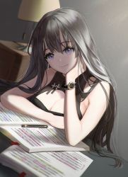 Rule 34 | 1girl, bare shoulders, black hair, book, breasts, cleavage, cleavage cutout, clothing cutout, hedanji916, lamp, large breasts, long hair, looking at viewer, medium breasts, open book, original, pen, purple eyes, smile, solo, tsukasa (ilqmplim), upper body, watch, wristwatch