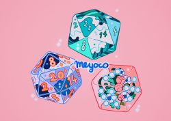Rule 34 | artist name, bad id, bad twitter id, cloud, cube, dice, flower, icosahedron, meyoco, no humans, original, pink background, pink flower, simple background, sparkle, wave print, waves, white flower