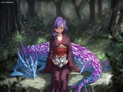 Rule 34 | 1girl, absurdres, artist logo, artist name, braid, breasts, cleavage, closed mouth, collarbone, commission, dragon, forest, grass, grey eyes, hair between eyes, highres, holding, holding mask, japanese clothes, kimono, knightfang, long hair, mask, medium breasts, nature, obi, obijime, original, ponytail, purple hair, sash, sitting, smile, tree, twitter username, wide sleeves