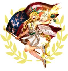 Rule 34 | 1girl, ahoge, alternate costume, alternate hairstyle, american flag, ancient greek clothes, bad id, bad twitter id, bracelet, braid, breasts, chiton, clownpiece, cosplay, dress, full body, fuuga (perv rsity), greco-roman clothes, hair between eyes, hair over one eye, hair tie, jewelry, leg up, legs, long hair, looking at viewer, nail polish, open mouth, platform footwear, red eyes, red nails, shoes, short dress, sidelocks, single braid, smile, solo, statue of liberty, statue of liberty (cosplay), teeth, tongue, torch, touhou, united states, very long hair, white dress, white footwear, wings