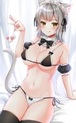 Rule 34 | 1girl, :q, animal, animal ears, arm garter, arm support, bikini, black bra, black thighhighs, bra, breasts, cat ears, cat tail, commentary request, detached collar, grey hair, holding, holding animal, katsushika pachi, large breasts, looking at viewer, maid, maid bikini, mouse (animal), navel, original, panties, short hair, side-tie panties, sitting, solo, swimsuit, tail, thighhighs, tongue, tongue out, unconventional maid, underwear, white panties, yellow eyes