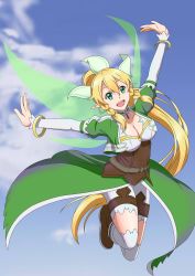 Rule 34 | 1girl, :d, absurdres, arms up, blonde hair, blue sky, boots, bracelet, braid, breasts, brown footwear, bustier, cape, cleavage, cloud, detached sleeves, flying, full body, green cape, green eyes, hair between eyes, hair ornament, highres, jewelry, ken-ji, leafa, long hair, long sleeves, medium breasts, open mouth, outdoors, outstretched arms, pointy ears, ponytail, shorts, sidelocks, sky, smile, solo, sword art online, thighhighs, twin braids, very long hair, waist cape, white shorts, white sleeves, white thighhighs