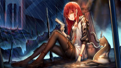 Rule 34 | 1girl, black legwear, blood, blood on clothes, blood on face, boots, cat, dysoor, finger on trigger, highres, jacket, long hair, original, rain, red hair, weapon