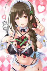 Rule 34 | 1girl, ahoge, argyle, argyle background, argyle clothes, blush, bra, braid, breasts, brown eyes, brown hair, candy, chocolate, chocolate heart, cleavage, collarbone, covered erect nipples, detached collar, dot nose, earrings, food, food on body, fruit, heart, highres, holding, holding chocolate, holding food, holding whisk, idolmaster, idolmaster shiny colors, jewelry, kuwayama chiyuki, large breasts, long hair, looking at viewer, maid headdress, multiple straps, navel, panties, parted lips, pink nails, ribbon, scrunchie, smile, solo, standing, stomach, strawberry, sweatdrop, thigh strap, underwear, urabi (tomatohouse), whisk, wrist cuffs