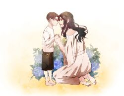 Rule 34 | 1boy, 1girl, affectionate, alternate universe, black hair, commentary, dress, english commentary, eye contact, from side, holding hands, kuchel ackerman, levi (shingeki no kyojin), long hair, looking at another, maerwin21, mother and son, motherly, off-shoulder dress, off shoulder, profile, shingeki no kyojin, short hair, simple background, smile