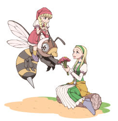Rule 34 | 2girls, animal, bee, blonde hair, blue eyes, blush, braid, bug, commentary request, dragon quest, dragon quest xi, earrings, flower, frown, green hairband, hairband, hat, highres, holding, holding flower, insect, jewelry, juliet sleeves, log, long hair, long sleeves, looking at another, multiple girls, open mouth, oversized animal, pink flower, puffy short sleeves, puffy sleeves, red hat, riding, rokuno, senya (dq11), short sleeves, sitting, twin braids, veronica (dq11), white background