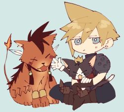 Rule 34 | 1boy, animal, animal on lap, armor, beads, black cat, black fur, black gloves, blonde hair, blue background, blue eyes, boots, bracelet, brown footwear, brown hair, cait sith (ff7), cape, cat, cat on lap, chibi, closed eyes, cloud strife, commentary request, crown, earrings, expressionless, facial mark, feather hair ornament, feathers, final fantasy, final fantasy vii, fire, gloves, gold bracelet, hair beads, hair ornament, happy, holding, jewelry, male focus, mini crown, nitoya 00630a, on lap, open mouth, pants, pauldrons, red cape, red fur, scar, scar across eye, scar on face, short hair, shoulder armor, simple background, single pauldron, sitting, sitting on lap, sitting on person, sleeveless, sleeveless turtleneck, smile, spiked hair, stud earrings, tail, tattoo, tribal tattoo, turtleneck, waving, white fur, white gloves