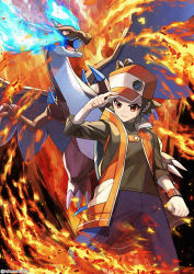 Rule 34 | 1boy, artist name, badge, baseball cap, black hair, black shirt, blue fire, breath weapon, brown eyes, charizard, clenched hand, closed mouth, commentary request, creatures (company), dragon, fangs, fire, game freak, gen 1 pokemon, hand on headwear, hand up, hat, highres, mega charizard x, mega pokemon, nintendo, open mouth, pants, pokemon, pokemon (creature), pokemon masters ex, red (pokemon), red (sygna suit) (pokemon), shirt, sleeves past elbows, tongue, watermark, yamanashi taiki