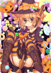 Rule 34 | 1girl, bad id, bad pixiv id, blush, boots, bow, broom, candy, capelet, checkerboard cookie, cookie, food, glasses, halloween, hat, hat bow, highres, holding, jack-o&#039;-lantern, lollipop, looking at viewer, orange hair, original, panties, pumpkin, short hair, sitting, solo, star (symbol), striped clothes, striped thighhighs, sweets, swirl lollipop, thighhighs, underwear, wataru (zazazazazazawa), witch, witch hat