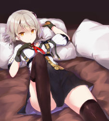 Rule 34 | 1girl, absurdres, bed sheet, blush, breasts, cleavage, girls&#039; frontline, gloves, highres, looking at viewer, lying, medium breasts, nai (daiduolaoge), on back, on bed, pillow, pillow grab, red ribbon, ribbon, short hair, silver hair, solo, thighhighs, uniform, vector (girls&#039; frontline), yellow eyes