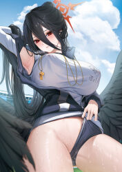 Rule 34 | 1girl, arm behind head, armpits, black hair, black wings, blue archive, blush, breasts, buruma, buruma aside, clothing aside, cloud, cowboy shot, day, feathered wings, gym uniform, hair between eyes, halo, hasumi (blue archive), hasumi (track) (blue archive), highres, huge breasts, jacket, lichiko, long hair, long sleeves, low wings, official alternate costume, open clothes, open jacket, outdoors, parted lips, partially unzipped, ponytail, red eyes, revision, shirt, solo, standing, sweat, thick thighs, thighs, very long hair, whistle, whistle around neck, white shirt, wings