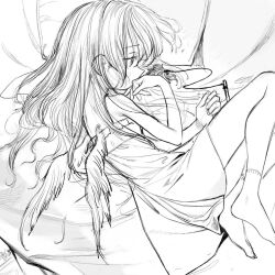Rule 34 | 1girl, bare shoulders, dress, feathered wings, greyscale, highres, kaede (shijie heping), long hair, lying, monochrome, on side, original, pillow, profile, sketch, socks, solo, wings