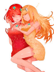 Rule 34 | !, !!, 2girls, absurdres, bare arms, bare shoulders, breasts, collarbone, commentary request, dress, drooling, closed eyes, feet out of frame, hair ornament, headpiece, highres, long hair, medium breasts, multiple girls, mythra (xenoblade), nintendo, open mouth, orange hair, pyra (xenoblade), red dress, red eyes, red hair, saliva, short dress, simple background, sleeping, strap slip, tarbo (exxxpiation), very long hair, white background, xenoblade chronicles (series), xenoblade chronicles 2, yellow dress, zzz
